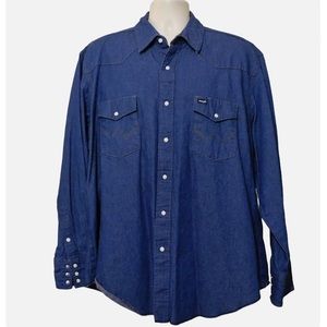 Wrangler vintage western pearl snap denim raw hem shirt large